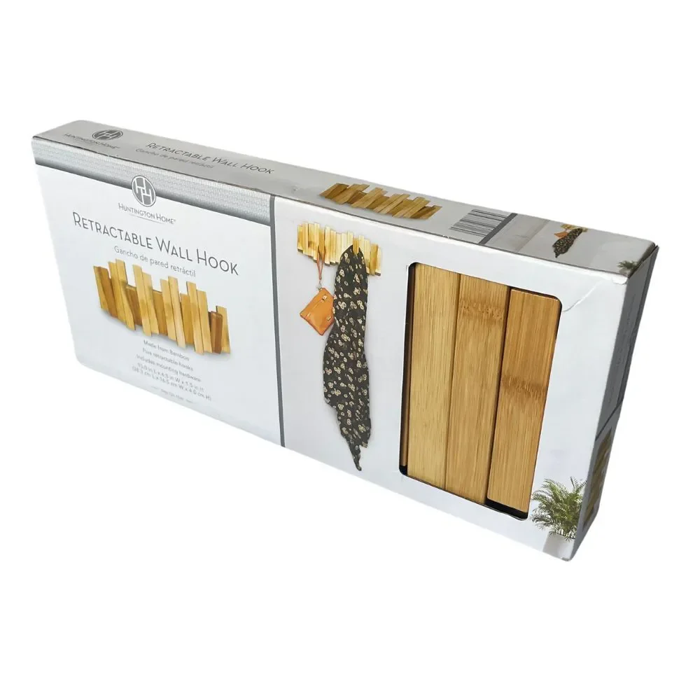 Retractable Bamboo Wall Hook Rack Space Saving Wooden Coat Hat Organizer 5 Hooks